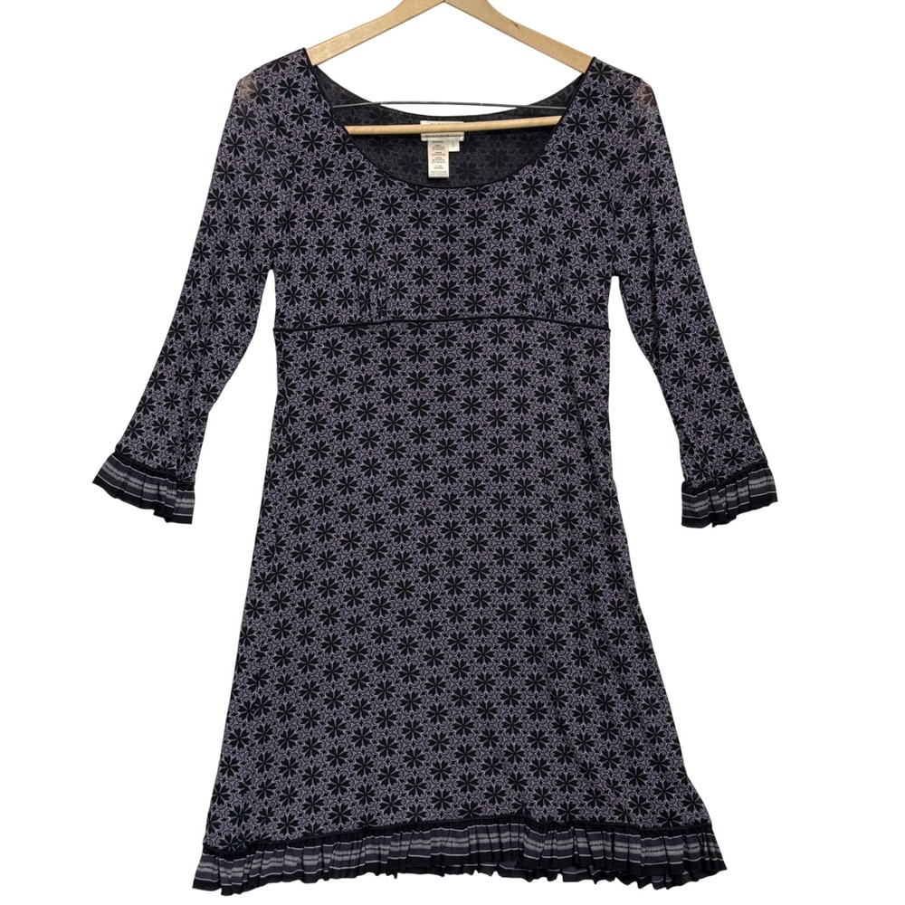 MSSP Max Studio Mesh Empire Waist Ruffle Dress Purple Black Floral Large Y2K